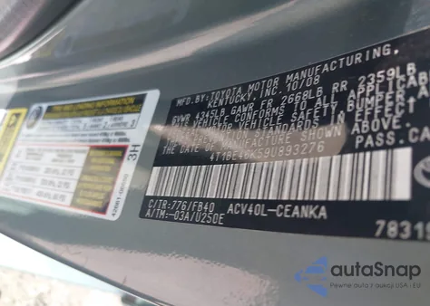 2009 Toyota Camry Le из США, поврежденный, VIN 4T1BE46K59U893276